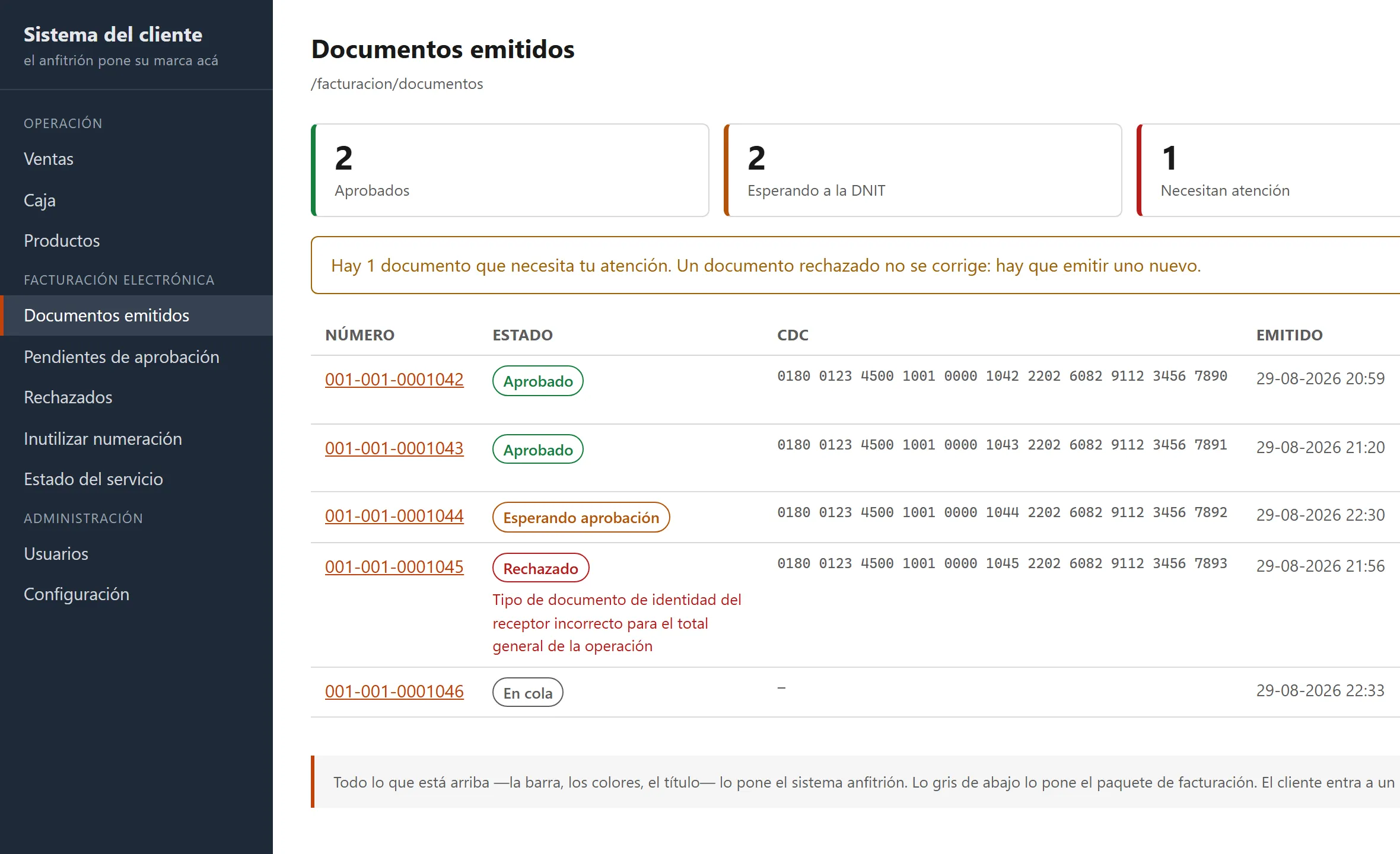 Pantalla del módulo de facturación electrónica de Elbrux, con datos de ejemplo
